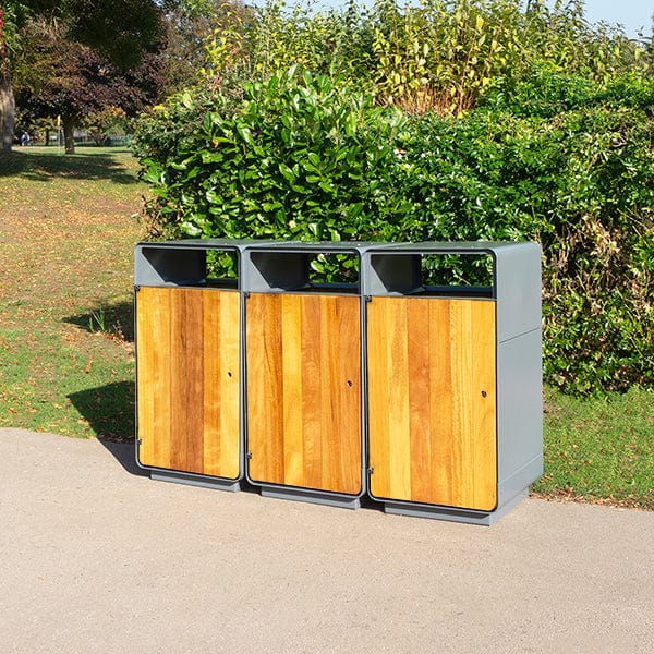 Iroko Wood Panel Triple Recycling Bin - 336 Litre