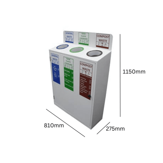 Slimline 3 Bay Recycle Station with Back Signage - 150 Litre (50 Litres per Bay)