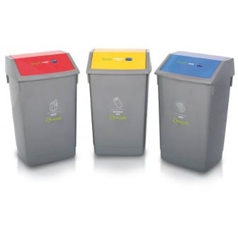 Set of 3 54 Litre Recycling Bins with Colour Coded Flip Top Lids and Stickers